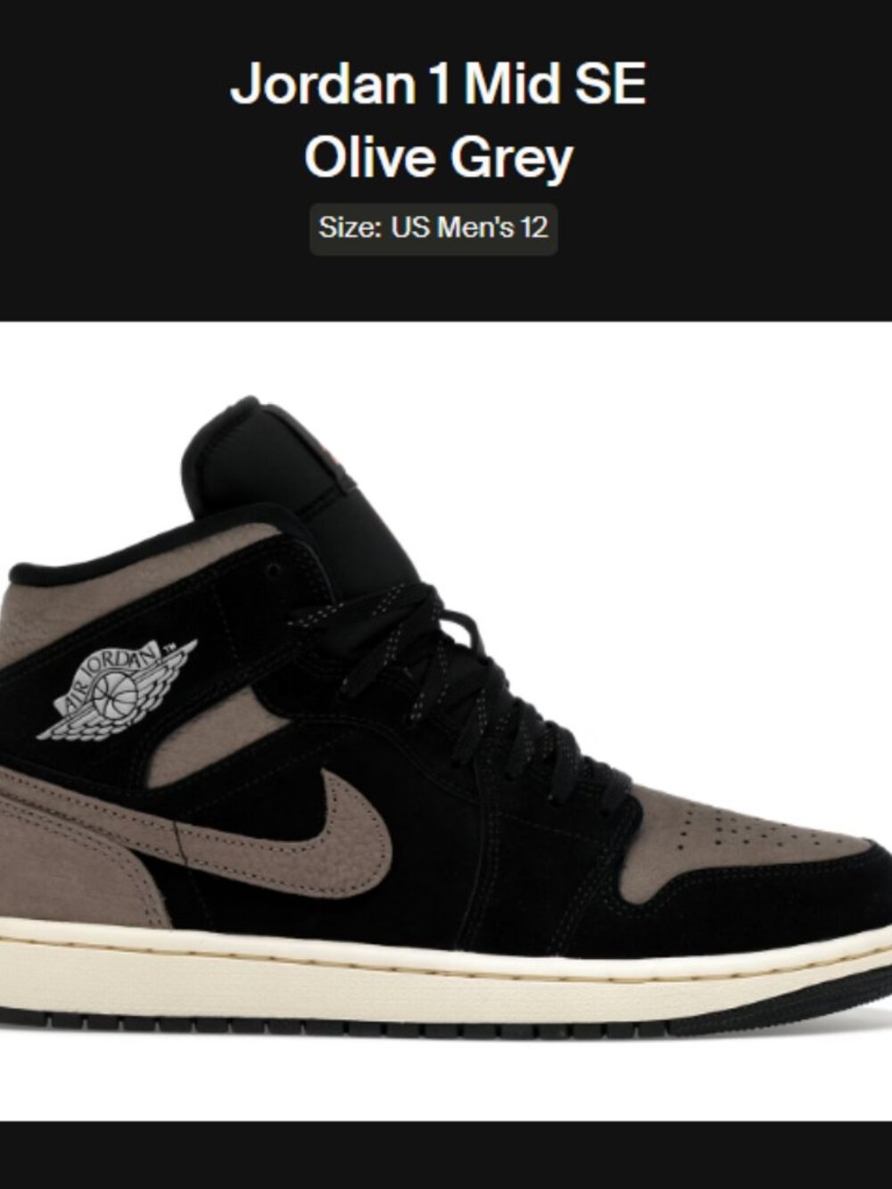 Size 12 - Jordan 1 Mid SE Olive Grey - IB7110-002 - AUTHENTIC NEW!!